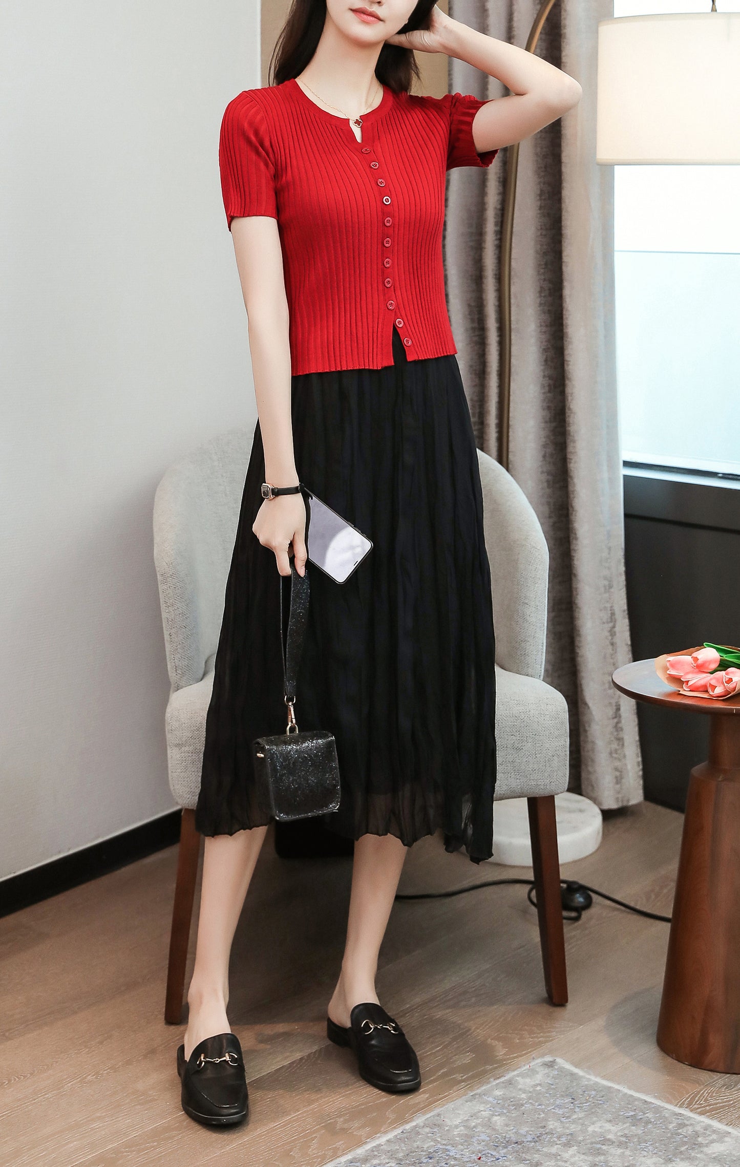 Women's V-Neck Knitted Thin Tops Ribbed Shirt