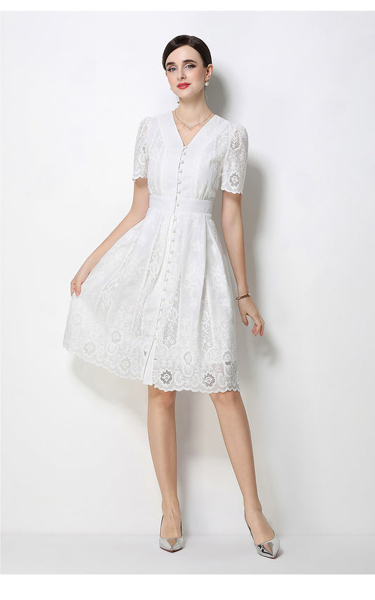 Lace V-Neck Button Front A-Line Summer Dress - LAI MENG FIVE CATS