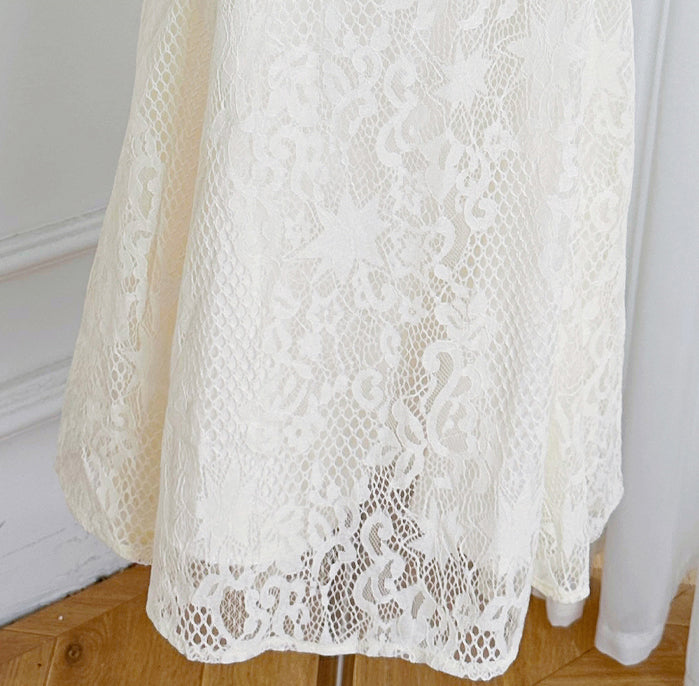 Elegant Pleated & Lace Midi Dress with Tie Neck, Beaded Details & Flounce Hem - LAI MENG FIVE CATS