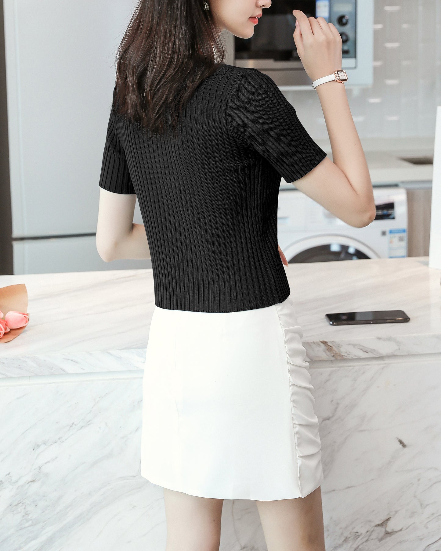 Women's V-Neck Knitted Thin Tops Ribbed Shirt