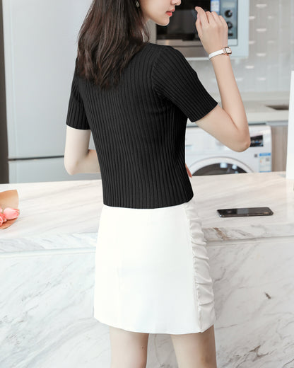 Women's V-Neck Knitted Thin Tops Ribbed Shirt