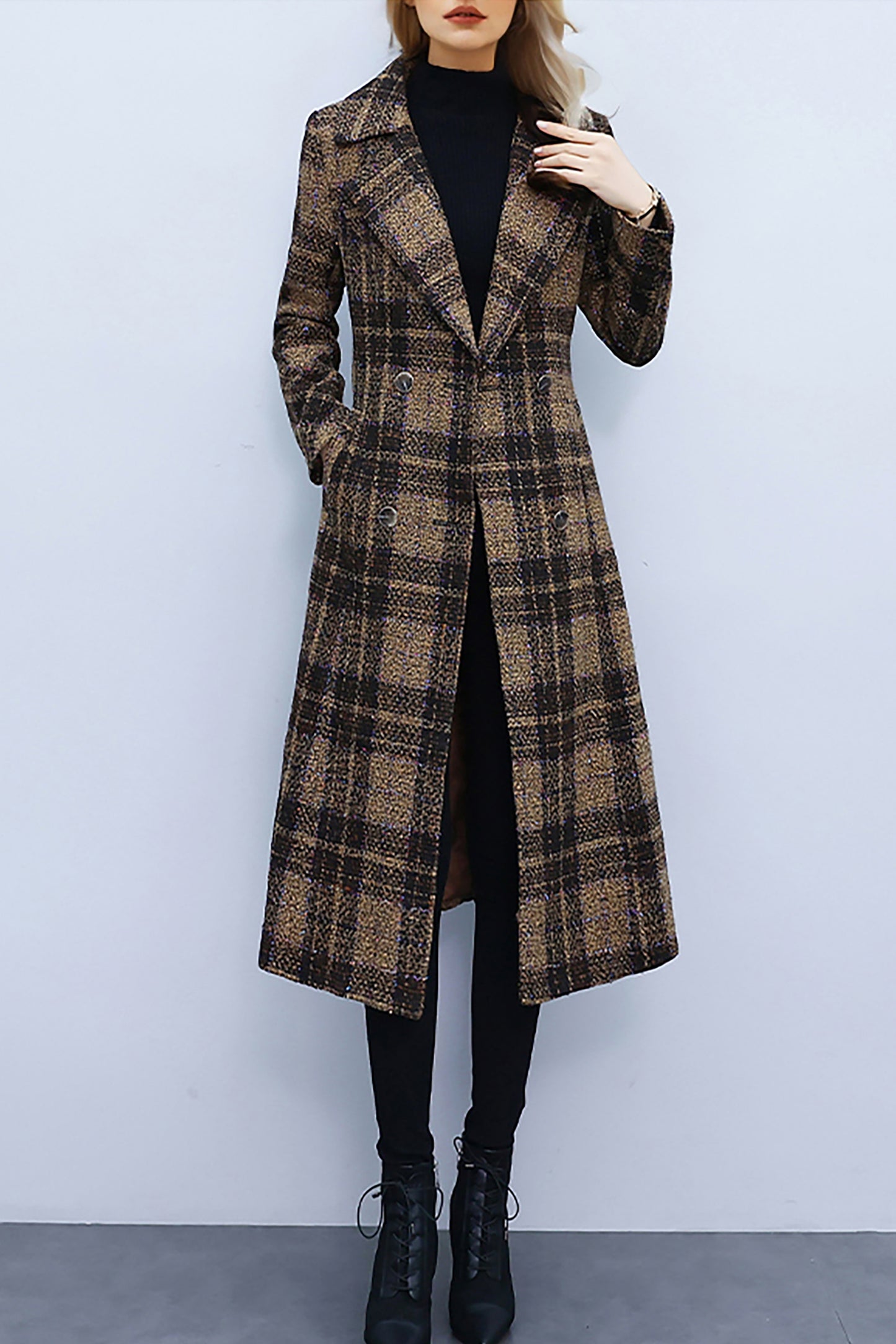 women's plaid woolen long coat