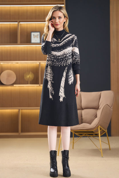 Women's Fall Knit Ribbed Sleeve Sweater Midi Dress