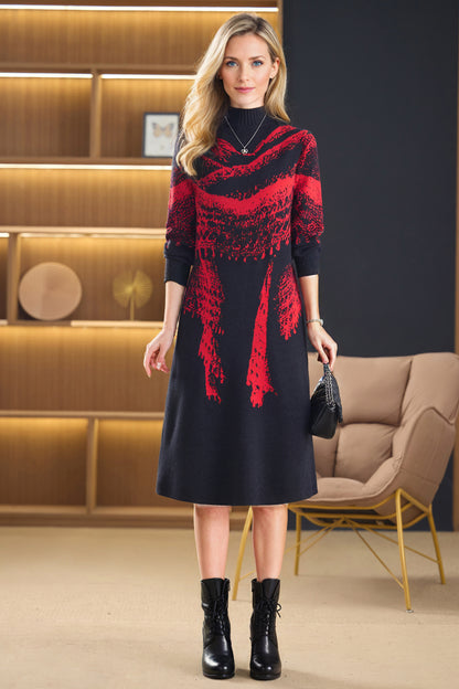 Women's Fall Knit Ribbed Sleeve Sweater Midi Dress