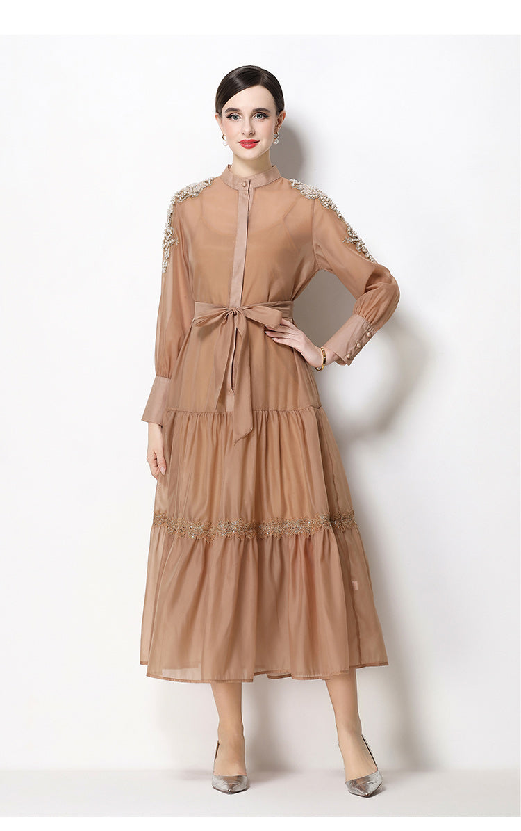 Elegant Bead Embroidery Loose Button Belted Maxi Dress  LAI MENG FIVE CATS