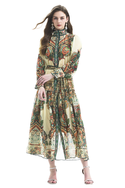 Women Vintage Floral Print Casual Split Flowy Maxi Belt Dress