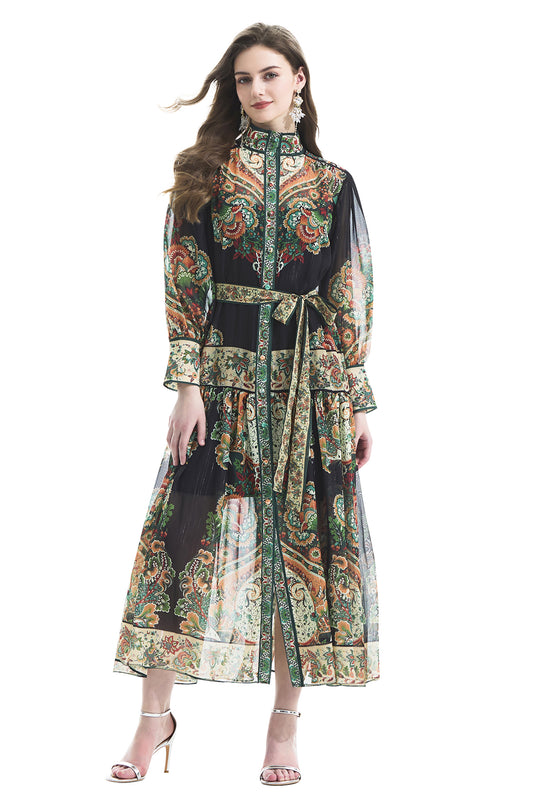 Women Vintage Floral Print Casual Split Flowy Maxi Belt Dress