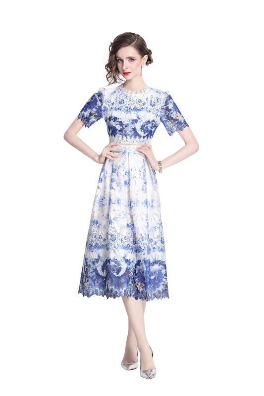 Women's Lace Floral Short Sleeve Crochet Waist Cocktail Midi Dress