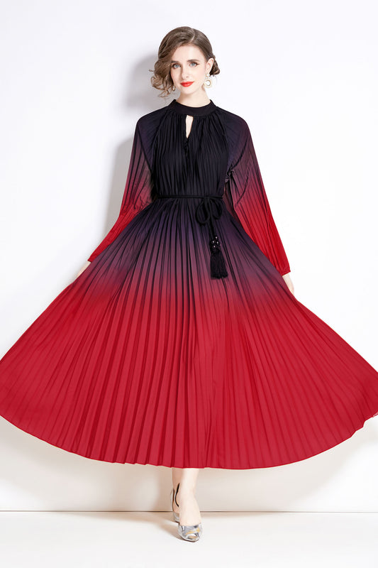 Women's Elegant Pleated Plain Round Neck Long Sleeves Loose Swing Party Dress