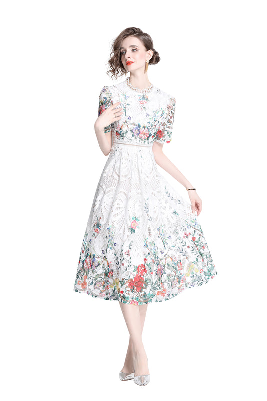 Women's Lace Floral Short Sleeve Crochet Waist Cocktail Midi Dress