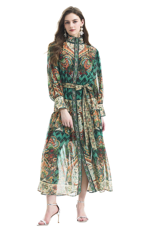 Women Vintage Floral Print Casual Split Flowy Maxi Belt Dress