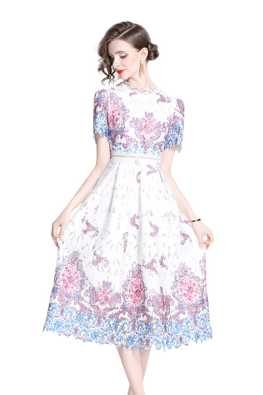 Women's Lace Floral Short Sleeve Crochet Waist Cocktail Midi Dress