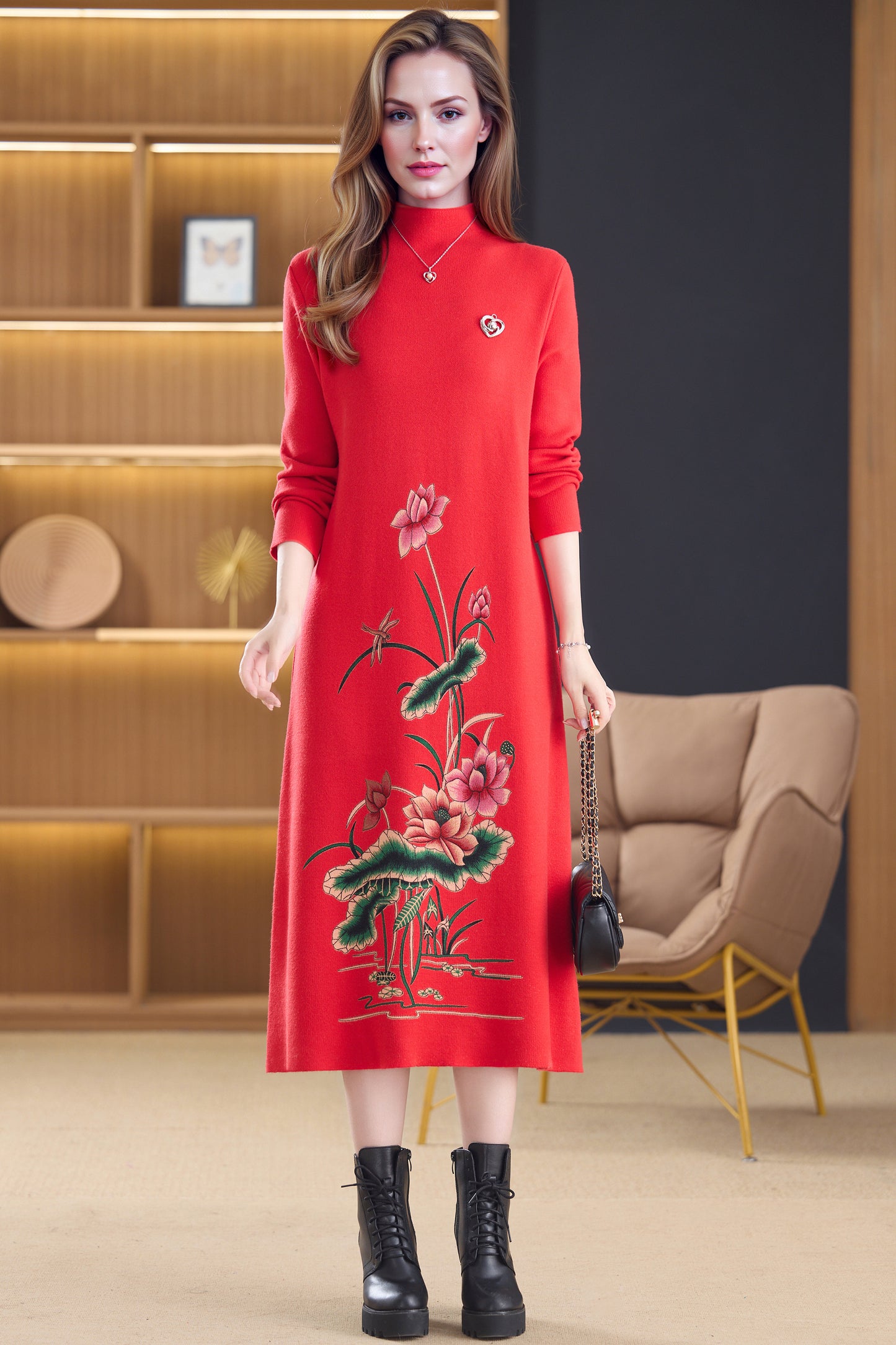 Women's Turtleneck Sweater Long Sleeve Red Dress