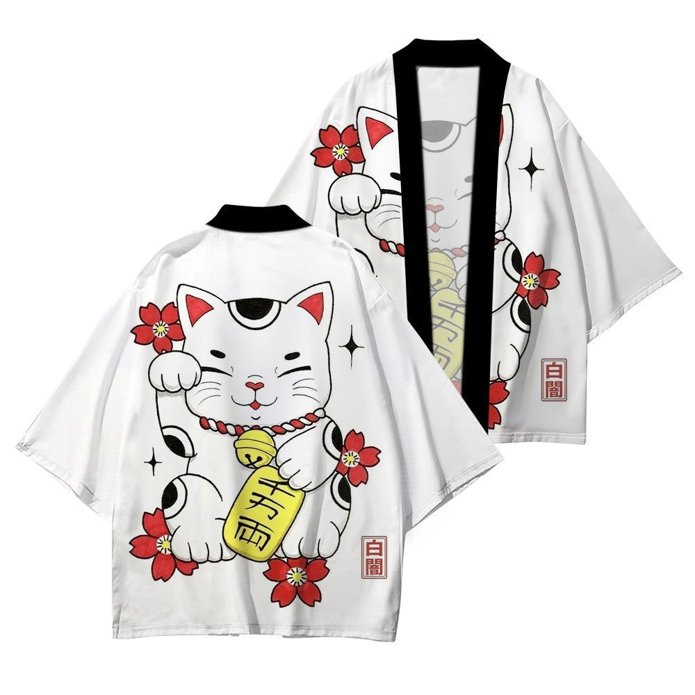 Women's Lucky Cat Cardigan Kimono Cover up Tops