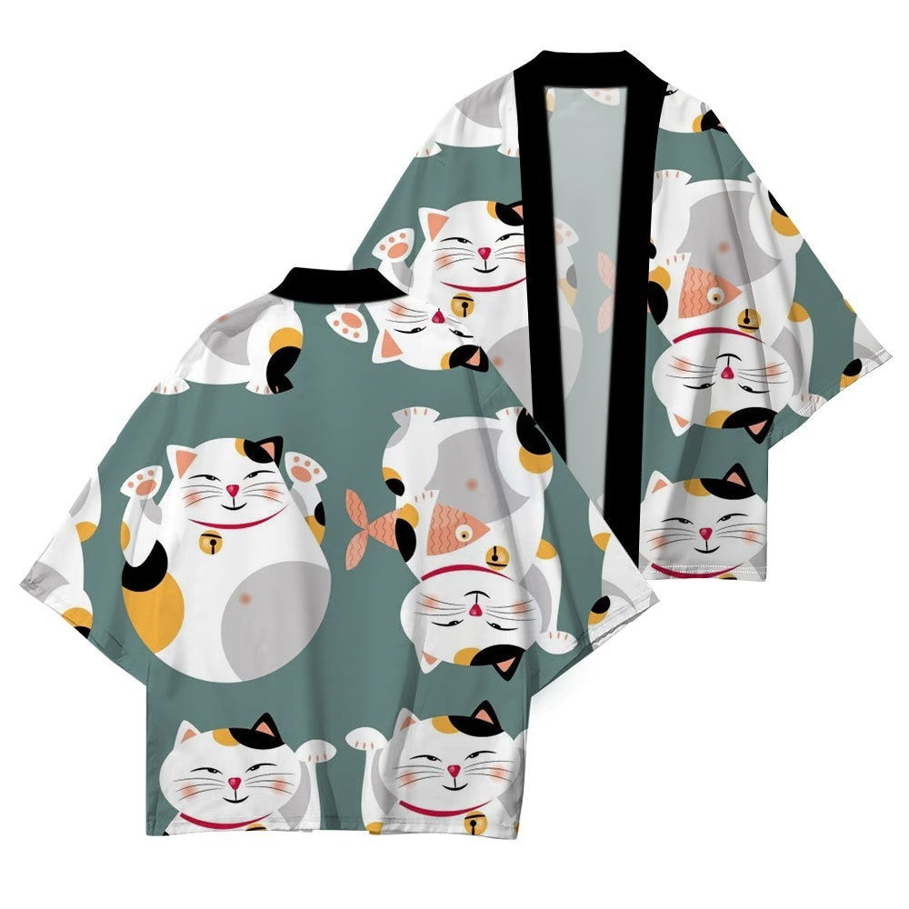 Women's Lucky Cat Cardigan Kimono Cover up Tops