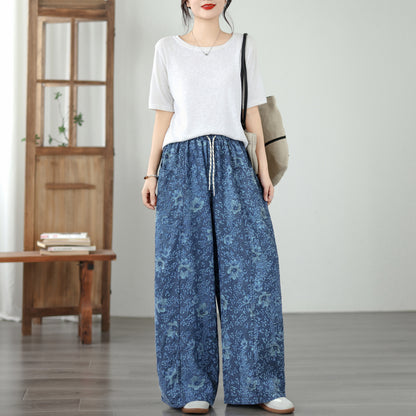 Women's Wide Leg Jeans Lightweight Wasited Elastic Print Y2K Pants - LAI MENG FIVE CATS