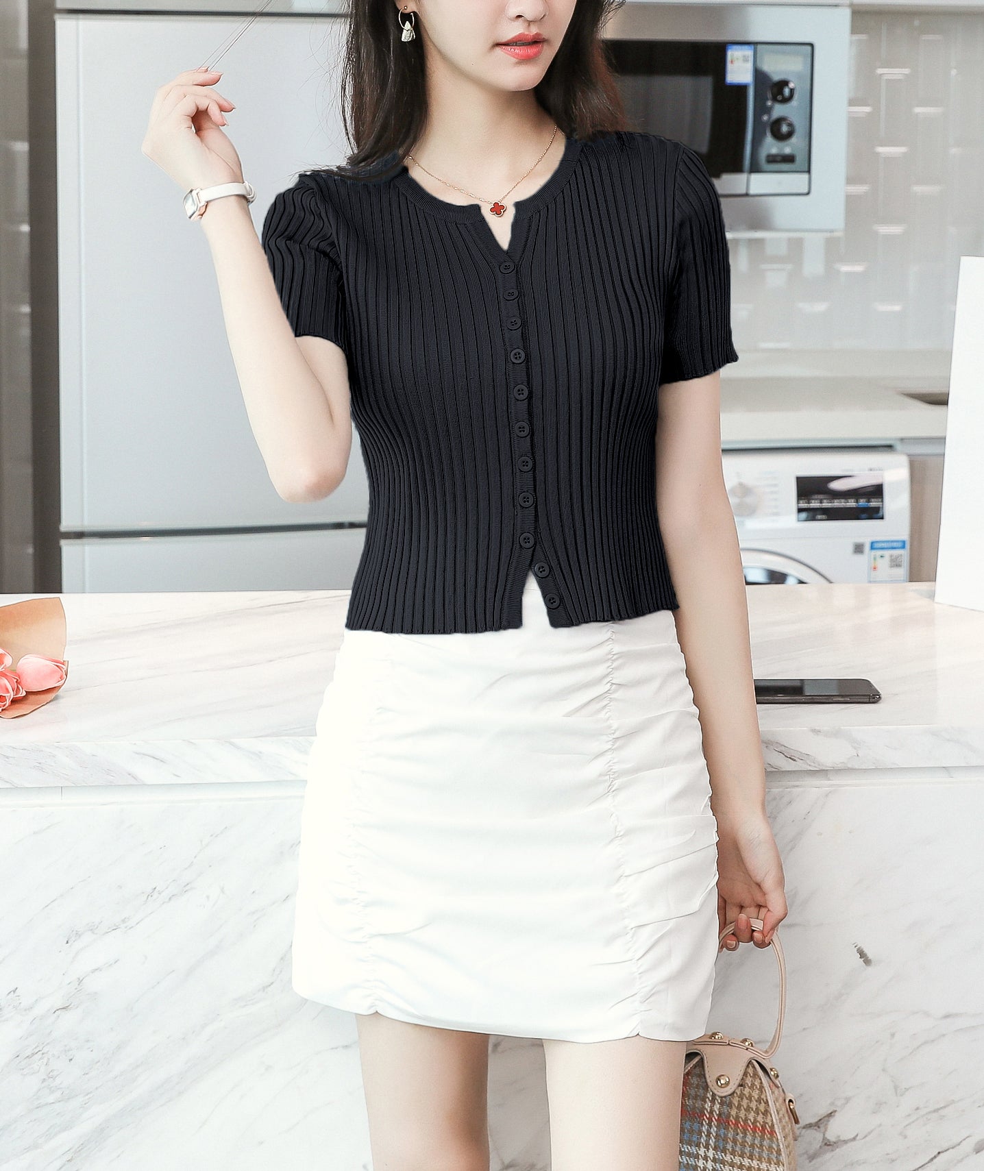 Women's V-Neck Knitted Thin Tops Ribbed Shirt