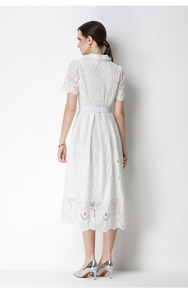 Elegant Lace Button-Front Midi Dress with Belt - LAI MENG FIVE CATS