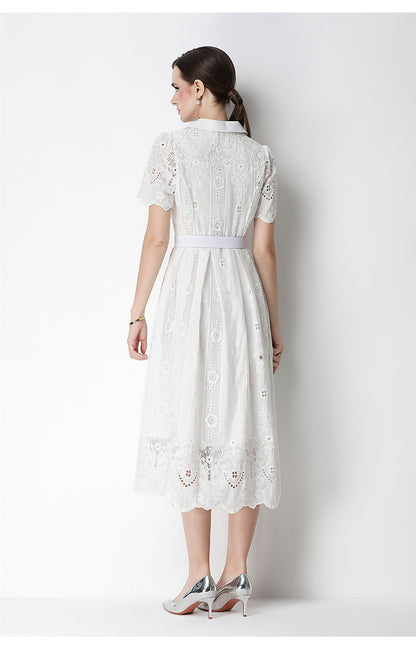 Elegant Lace Button-Front Midi Dress with Belt - LAI MENG FIVE CATS