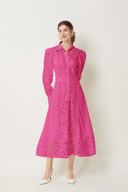 Lapel Long Sleeves Lace Buttons Maxi Dress