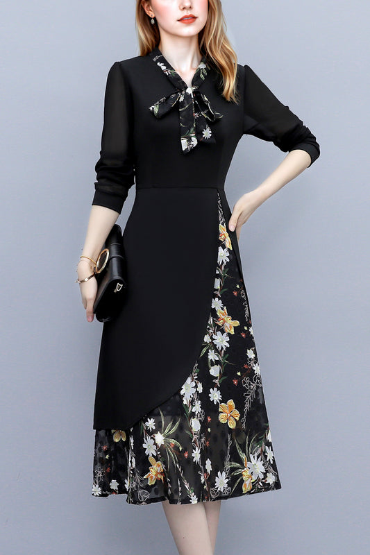 Women's V-Neck Long Sleeve Patchwork Black Dress