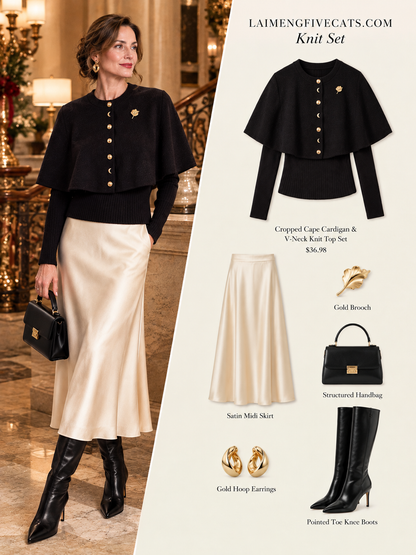 27818 Elegant Cropped Knit Cape Cardigan Set | 5 Colors