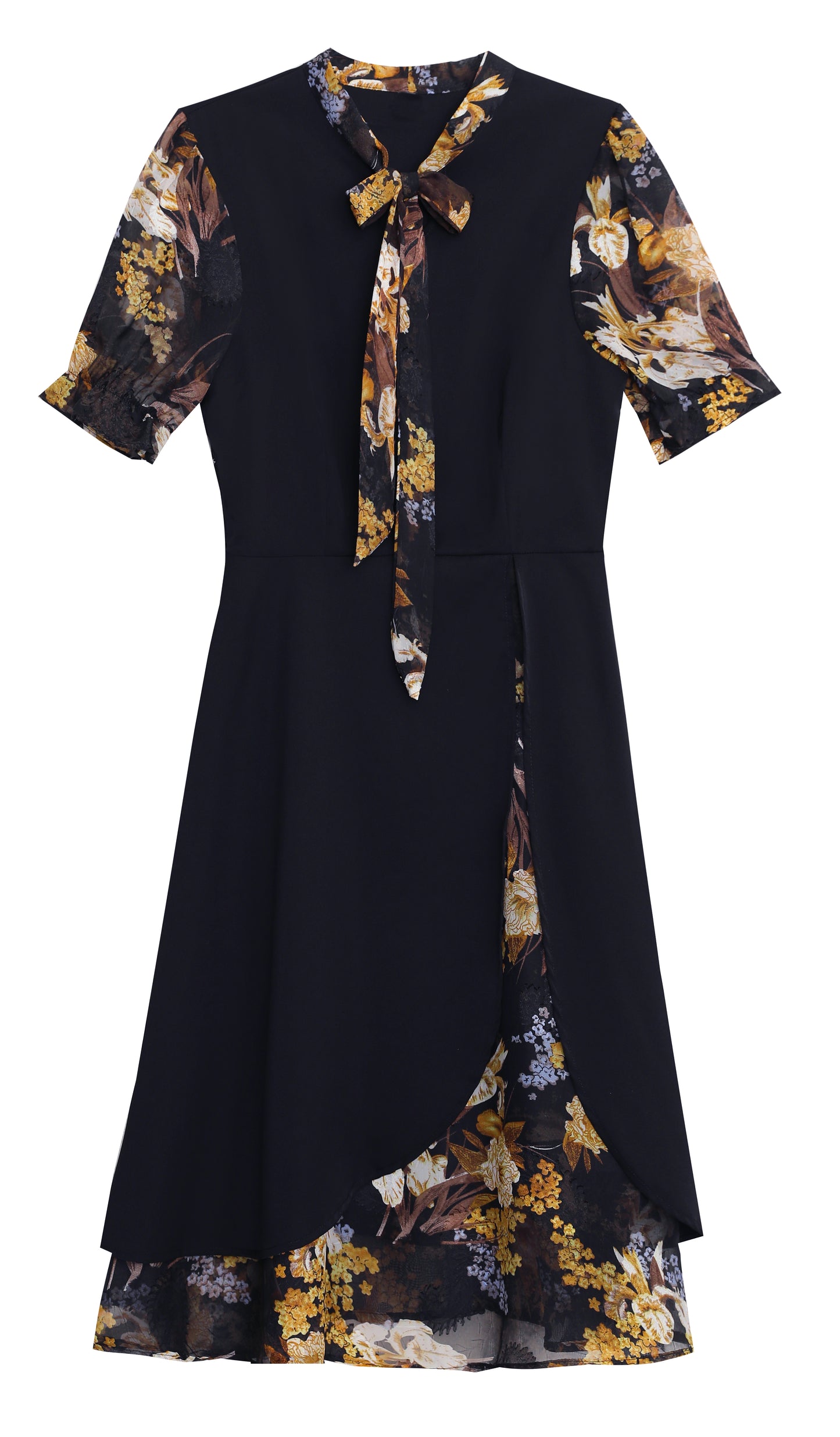 Floral Short-sleeved Tie Neck Midi Dress – Navy Blue