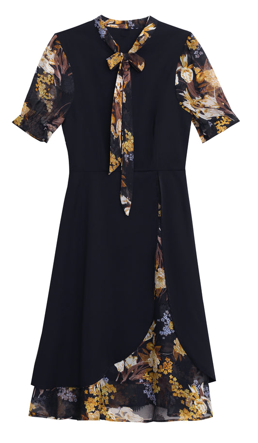 Floral Short-sleeved Tie Neck Midi Dress – Navy Blue