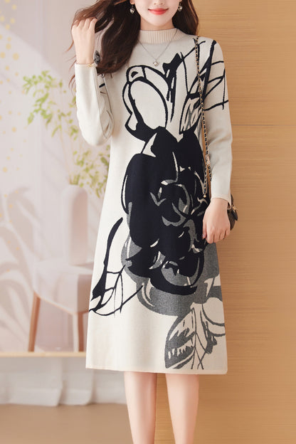 BK-Knit Floral Pullover Elegant Winter Midi Dress