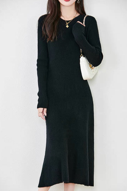 Women's Sweater Crewneck Ribbed Knit Midi Dress