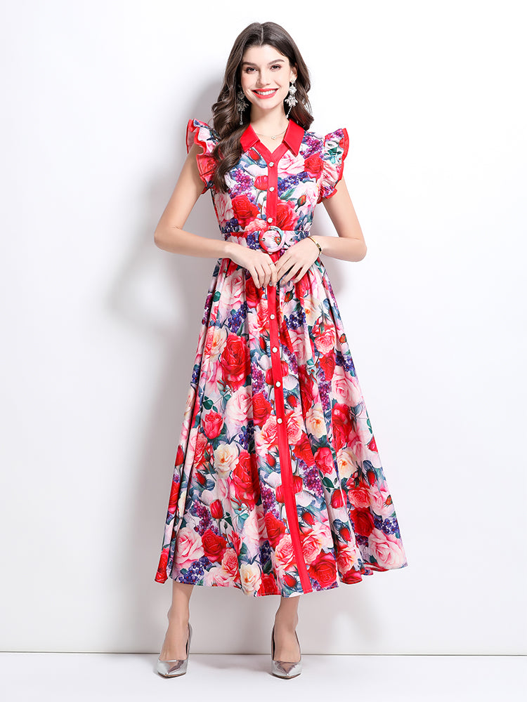 BK-Floral V Neck Sleeveless Ruffles Maxi Dresses