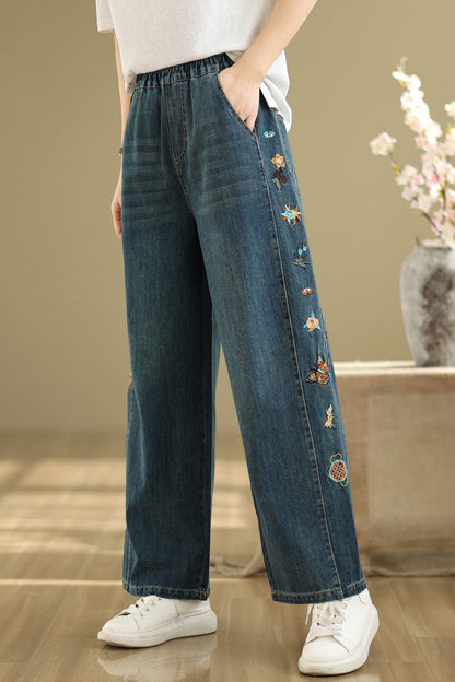 Women's Elastic Waist Embroidery Jeans Pants