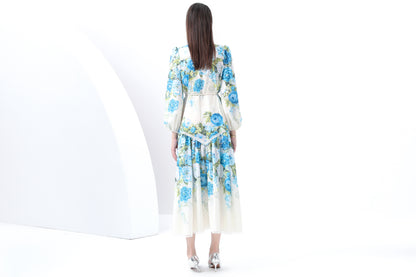 Women's V-Neck Lantern Sleeve Floral Print Maxi Dress