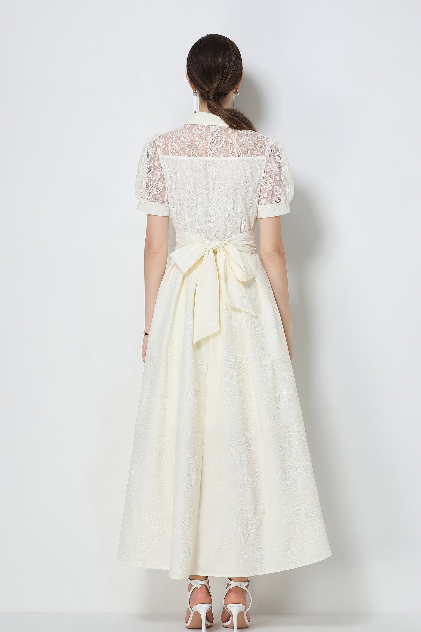Elegant V-Neck Puff Sleeve Lace Jacquard Beige Maxi Dress