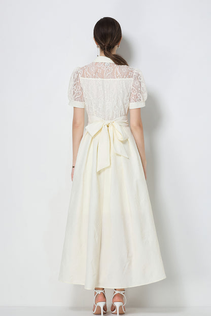 Elegant V-Neck Puff Sleeve Lace Jacquard Beige Maxi Dress