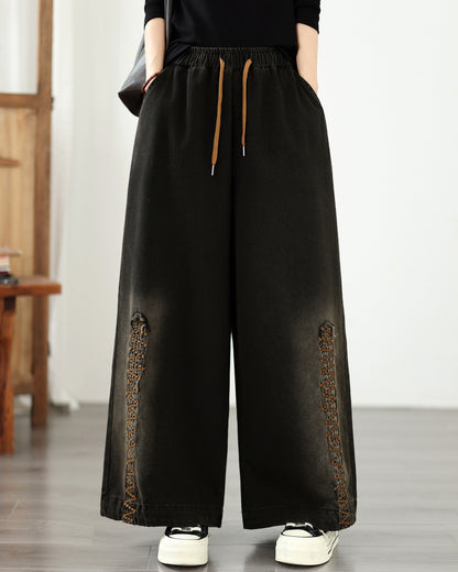 Vintage Washed Wide-Leg Jeans with Boho Embroidery