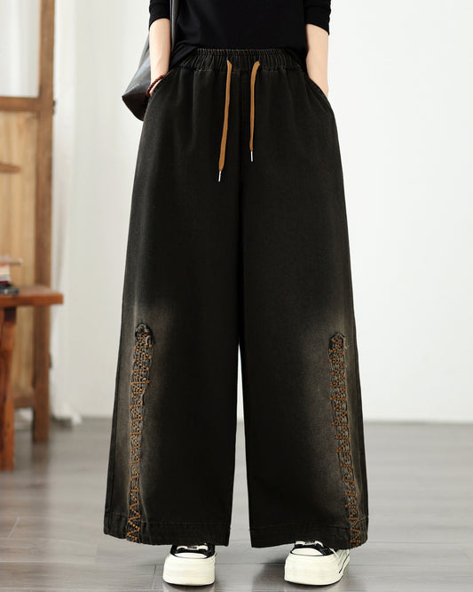 Vintage Washed Wide-Leg Jeans with Boho Embroidery - LAI MENG FIVE CATS