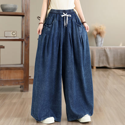 Vintage Loose Fit Drawstring High Waist Jeans Casual Wide Leg Pants