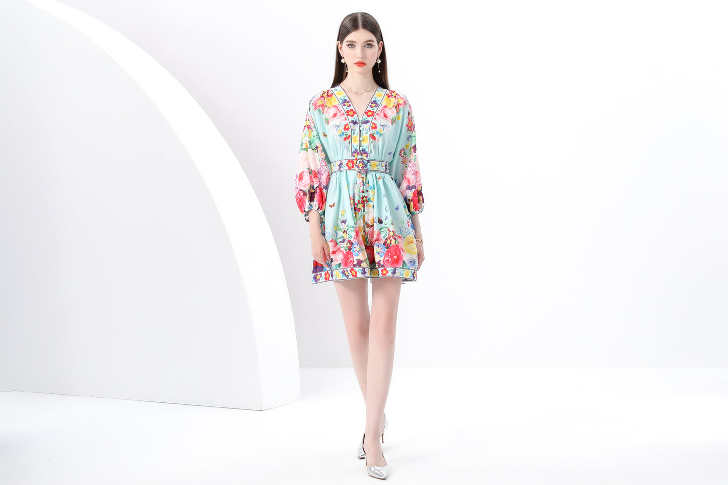 Women's V-Neck Floral Print Lantern Sleeve Mini Dress