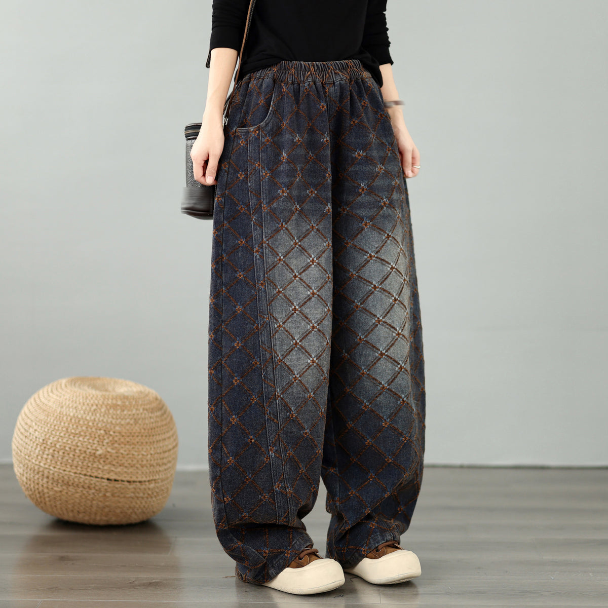 28673-Vintage Plaid Denim Wide Leg Pants with Elastic Waist