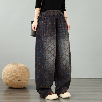 28673-Vintage Plaid Denim Wide Leg Pants with Elastic Waist