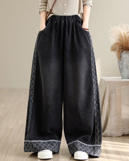 28666-Vintage Denim Wide Leg Palazzo Pants with Elastic Waist & Pockets