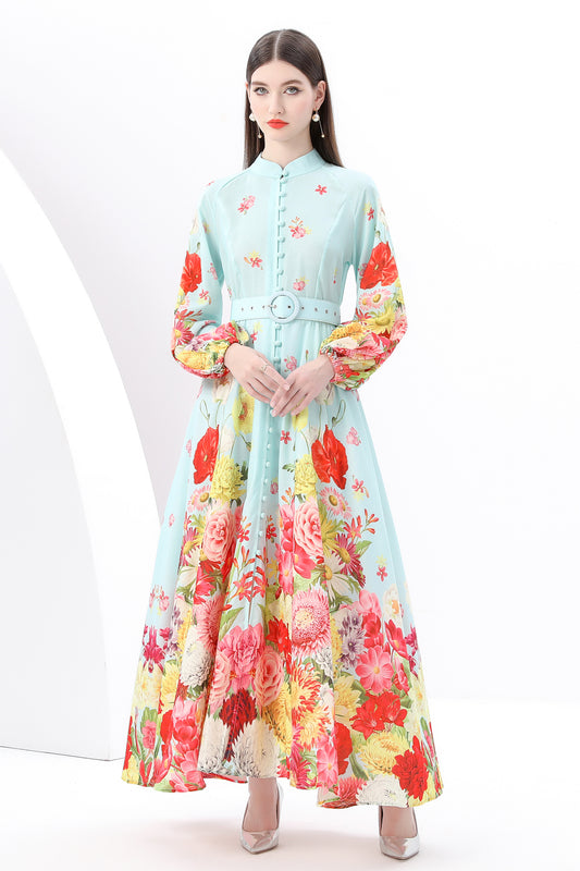 Women's Floral Print Puff Sleeve Split Maxi Dress