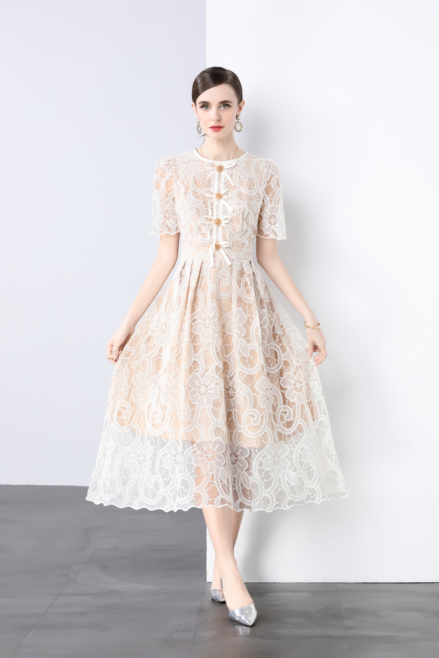 Cream Lace Bow Midi Dress – Romantic Puff Sleeve Summer Dress