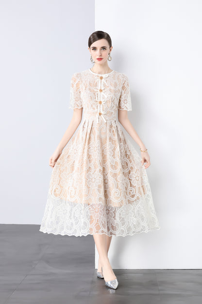 Cream Lace Bow Midi Dress – Romantic Puff Sleeve Summer Dress
