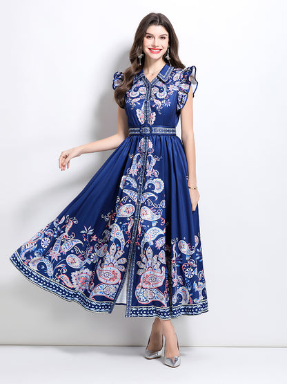 Women's Floral V Neck Sleeveless Ruffles Maxi Dresses