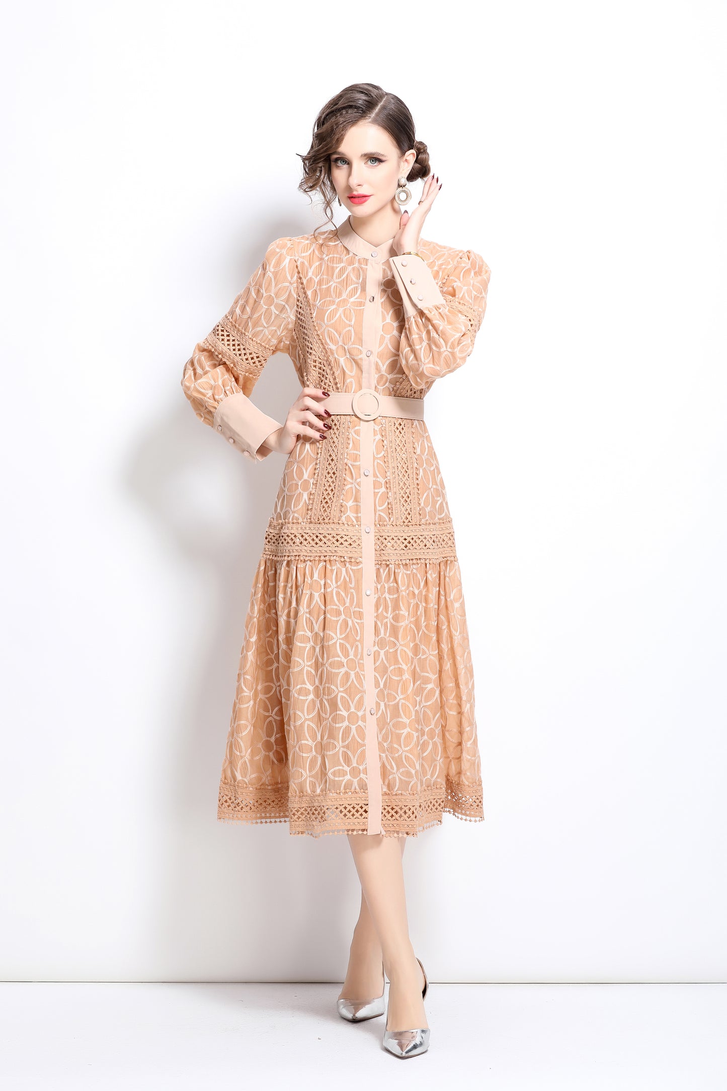 Lantern Sleeves Embroidery Button Midi Dress