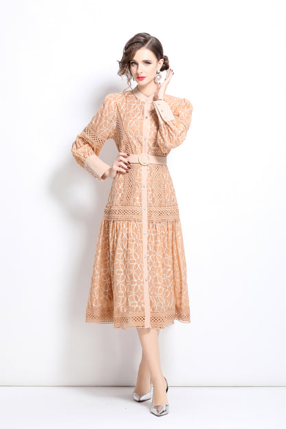 Lantern Sleeves Embroidery Button Midi Dress