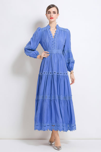 Women's Lace V-Neck Lantern Sleeve Pleated Maxi Dress