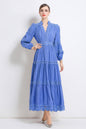 Women's Lace V-Neck Lantern Sleeve Pleated Maxi Dress